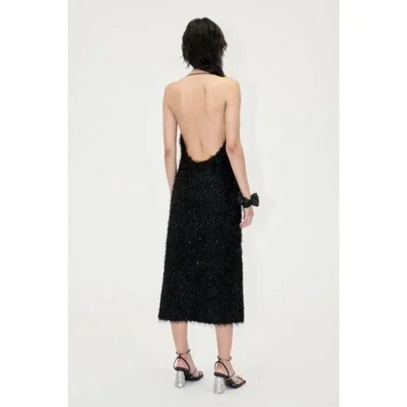 Stine Goya Black Fluffy Promise Halter Metallic Midi Dress
